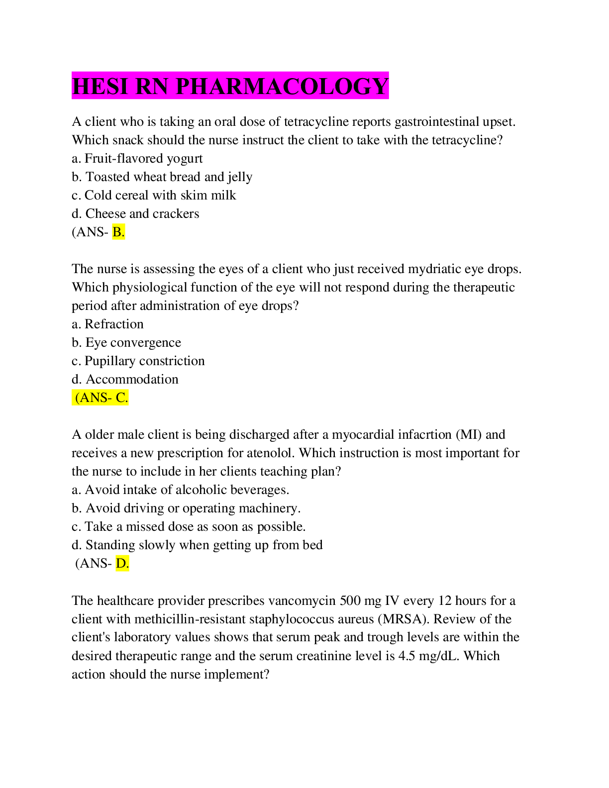 Preview image for HESI RN PHARMACOLOGY EXAM REVIEW/Q&A/Latest Solution
